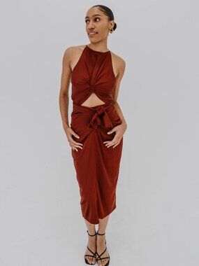 NWT ANDREA IYAMAH RENI SATIN CUT OUT FRONT TIE DRESS IN CHOCOLATE BROWN - XS